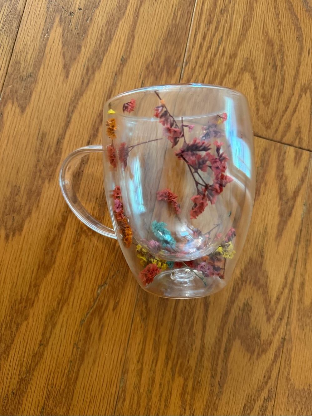 Clear Acrylic Decorative Mug Cup with Pink Floral Accents Dried Flowers